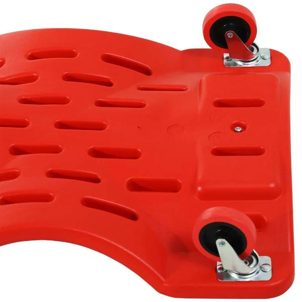 Red creeper base with caster wheels and molded grip slots for under-car support
