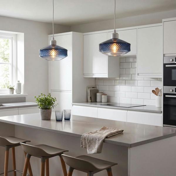Blue Glass Pendant Lighting Shade with Strip of 3D Shaped Diamonds Image 6