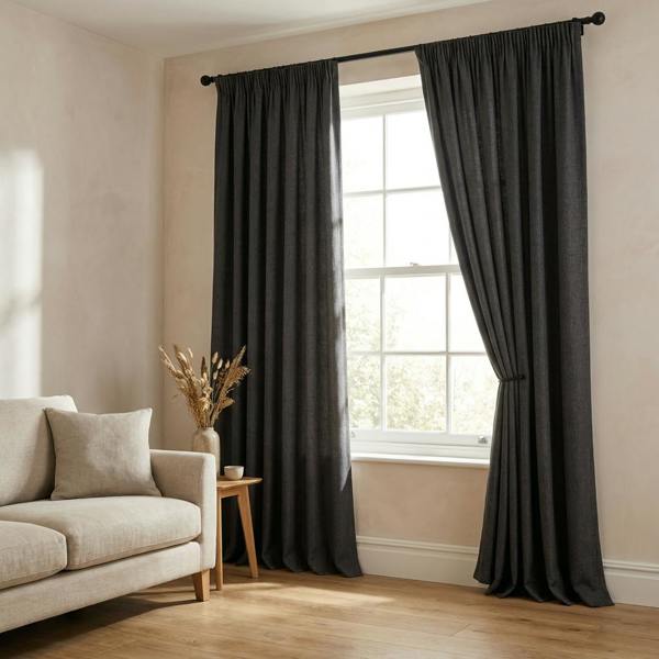 Devonshire made-to-measure curtains in Charcoal, styled in a living room