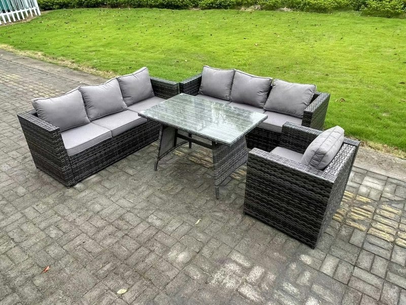 Fimous Wicker PE Rattan Garden Dining Set Outdoor Furniture Sofa with Patio Dining Table Armchair 7 Seater Dark Grey Mixed