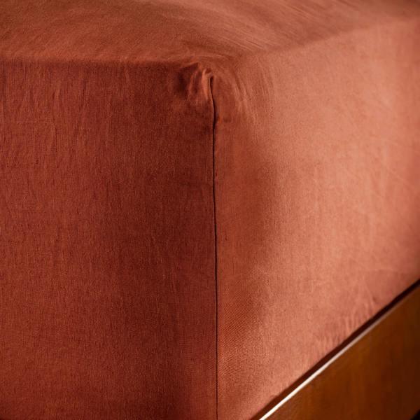 Burnt Orange French Linen Bedding & Bed Sheets close-up detail 5 | Soak and Sleep