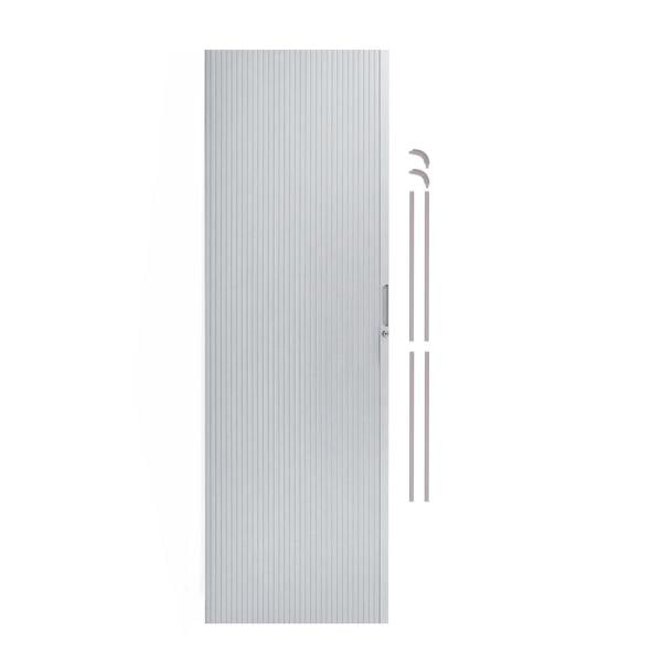 Silver Tambour shower door featuring a sleek, vertical ribbed design and a minimalist handle, perfect for modern bathrooms