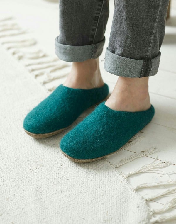 Women's Handmade Eco Felt Suede Sole Mule Slippers –  Teal - British Boxers