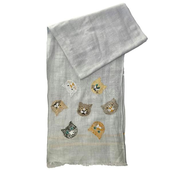 Hayley & Co Hand Embroidered 100% Linen Scarf with Cat face design