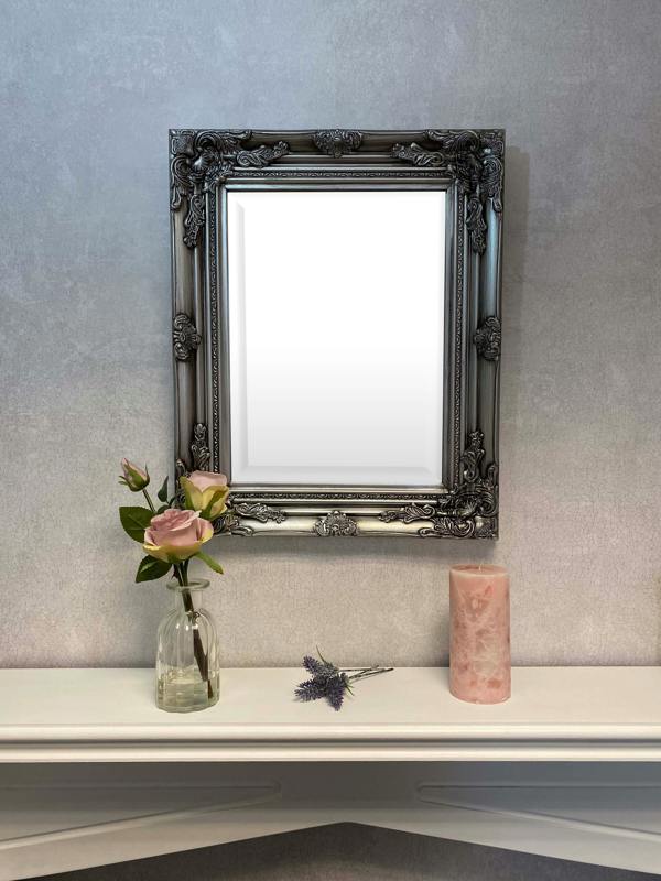 Downton Interiors Antique Silver Wood Frame Wall Mirror with Bevelled Glass 53cm x 43cm
