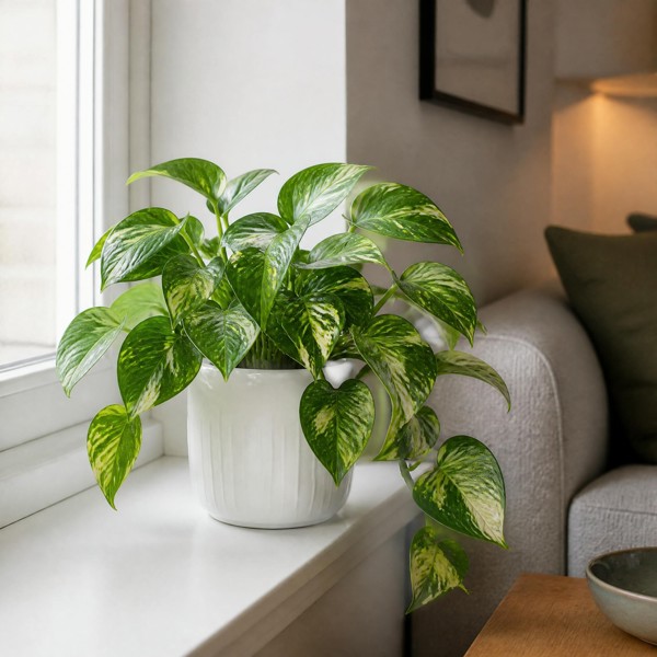 Epipremnum Aureum – Golden Pothos Devil’s Ivy Houseplant in 12cm Pot - Glossy White Ceramic Pot - 1