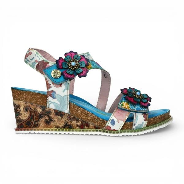 Laura Vita Bonito 32 - Women's Blue Floral Leather Wedge Sandals
