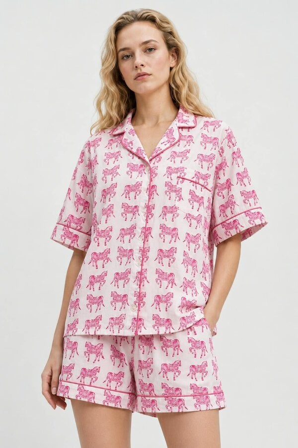 Soul Of Sita Delicate Woodblock Horse Print Short Sleeve, Short Trouser Pyjamas in soft pinks