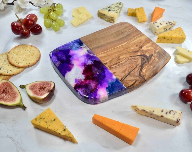 Kate Chesters Art Olive Wood Cutting Board with Purple Resin Art