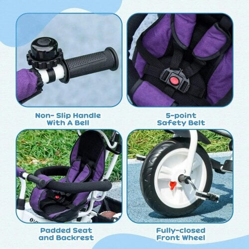 Bobobiy 6 in 1 Kids Trike Push Bike w/ Push Handle, Canopy, 5-point Safety Belt, Storage, Footrest, Brake, for 1-5 Years, Purple