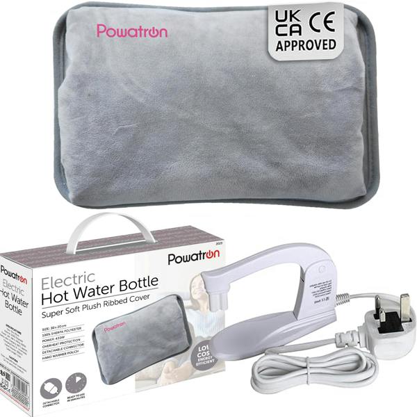 Powatron Rechargeable Electric Hot Water Bottle - Soft & Cosy Hand Body Warmer, Massaging Heat Pad, Over-Heat Protection