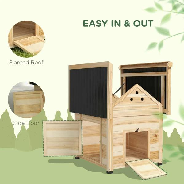 Natural wood duck house with slanted roof, side door, and open panels