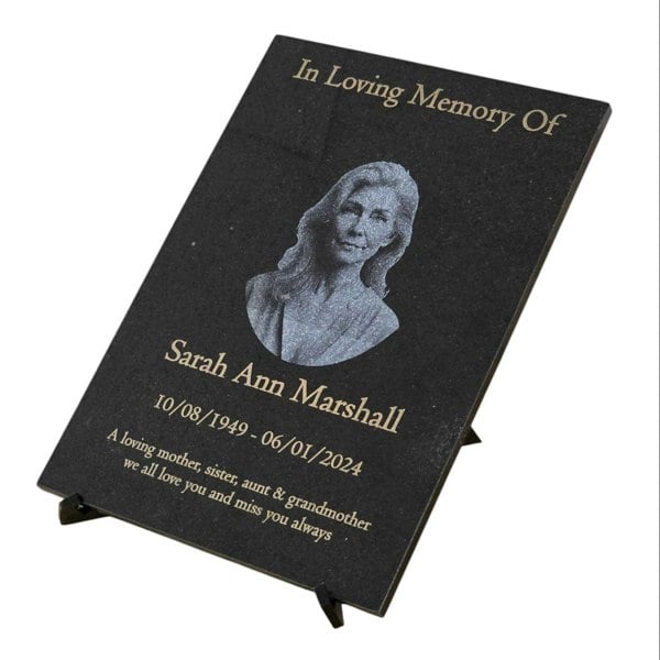 Memorials Direct Granite Memorial Etched Portrait Plaque, Add a Portrait, Personalised Text and Stand Included