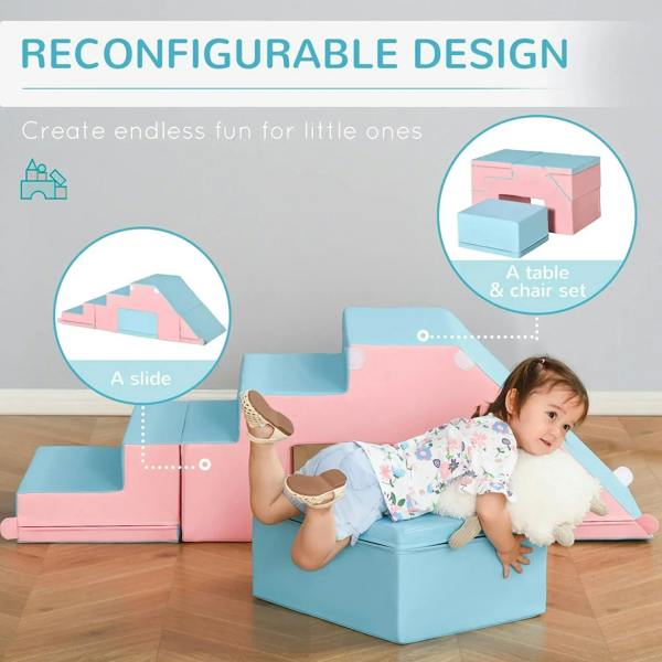 Toddler lying and playing on pink and blue foam climber slide steps