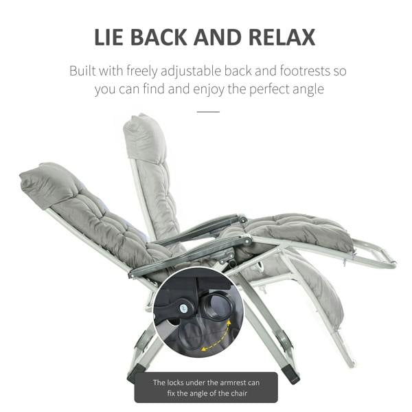Reclining lounge chair with adjustable back and footrest, grey padded cushions