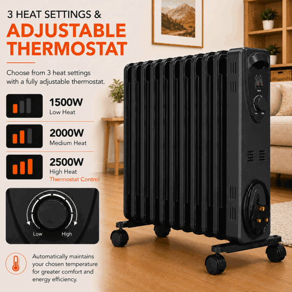 MYLEK Oil Filled Radiator 2500W Portable Heater Thermostat 3 Heat Settings Grey