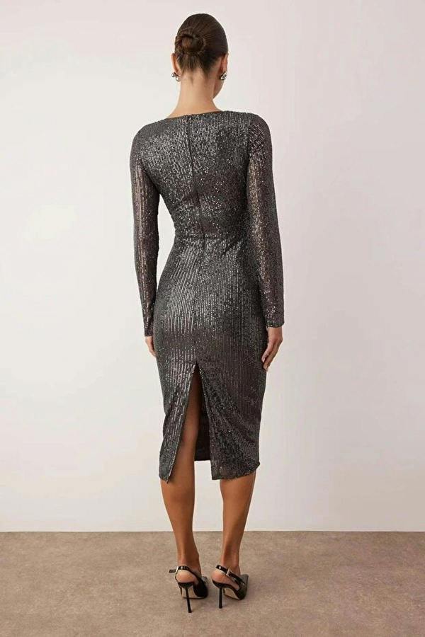 WOVCOR Cut Out Detailed Knit Sequin Midi Lined Evening Dress