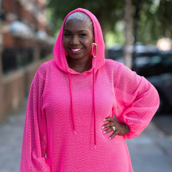 Women's Plus Size Aphrodite Hot Pink Holiday Resort Dress with hoodie and hot pink undergarment close up.