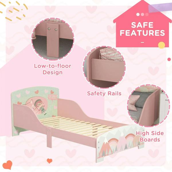 Pink toddler bed frame with low-to-floor design and high side boards for added safety