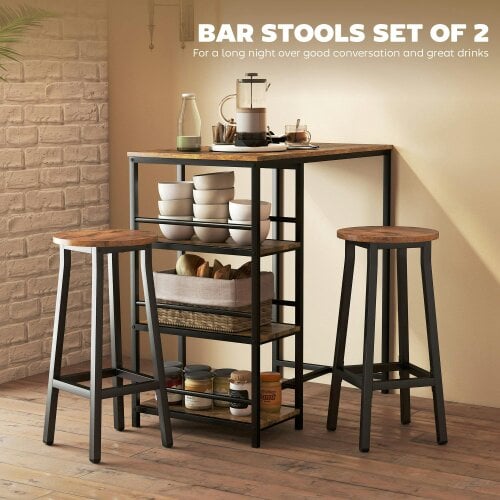 Wyld Haus Rema Set Of 2 Rustic Brown Industrial Round Bar Stools With Footrest 65cm