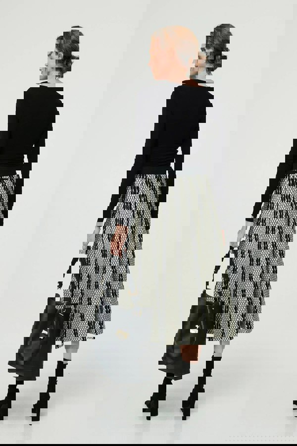 Black | Geo Print A-Line Pleated Midi Skirt
