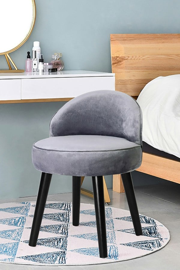 Living and Home Grey Velvet Low Back Dressing Footstool with Solid Wood Legs