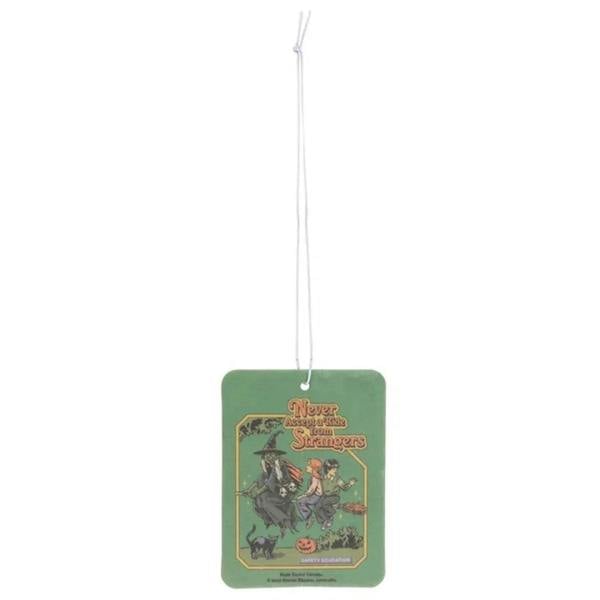 Green hanging air freshener tag with Never Accept a Ride from Strangers text