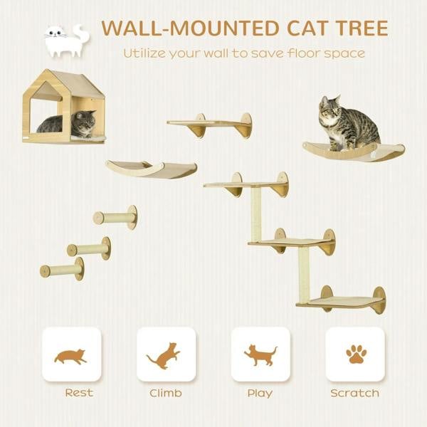 Beige wall-mounted cat tree set with house, floating shelves, hammock perch, and scratching posts