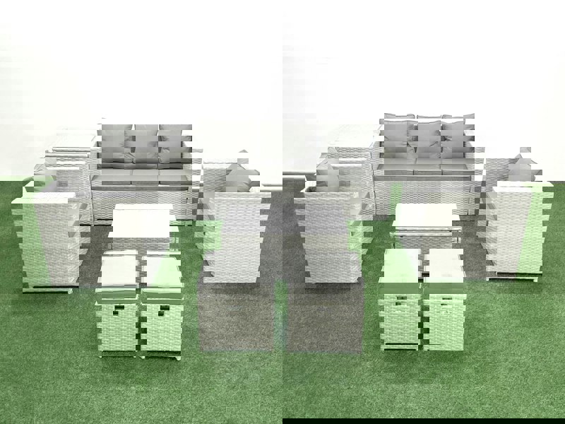 Fimous 7 Seater Rattan Garden Furniture Set with 3 Seater Sofa 2 Chair Rectangular Coffee Table 2 Small Footstools Side Table Light Grey Mixed