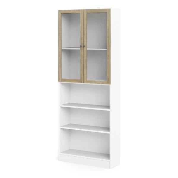 Furniture To Go Basic Tall Wide Display Cabinet in White (4 Shelves) with 2 Glass Oak Doors