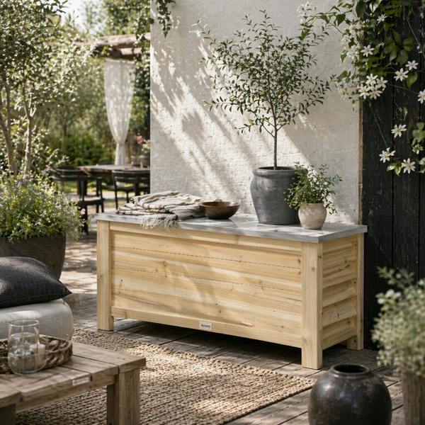 Wyld Haus Keno Fava Panelled Wood And Metal Outdoor Storage Box 155 Litre