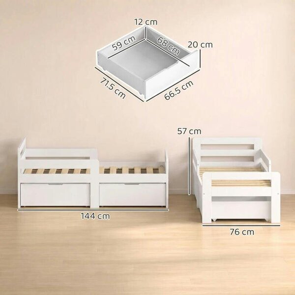 Wooden Kids Bed Frame with 2 Storage Drawers and Guard Rails for Ages 4-14, 144 x 76 x 57 cm (No Mattress), White