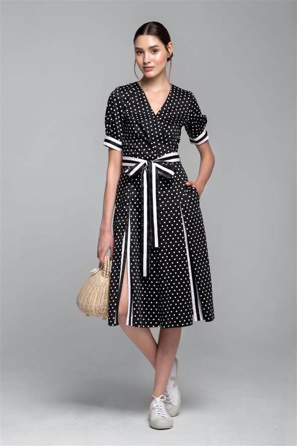 Rumour London Jennifer polka dot fit-and-flare cotton dress with striped details and slits