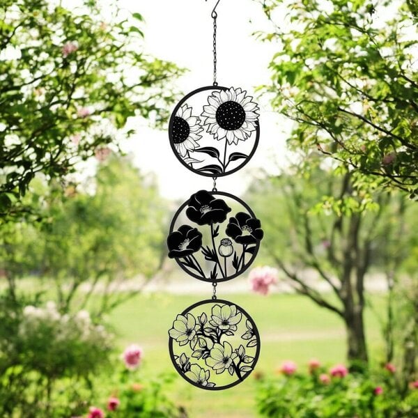 EDH Door Hardware Black Floral Silhouette Hanging Trio Spinner – 60cm x 15cm | Metal Kinetic Wind Spinner for Garden & Home