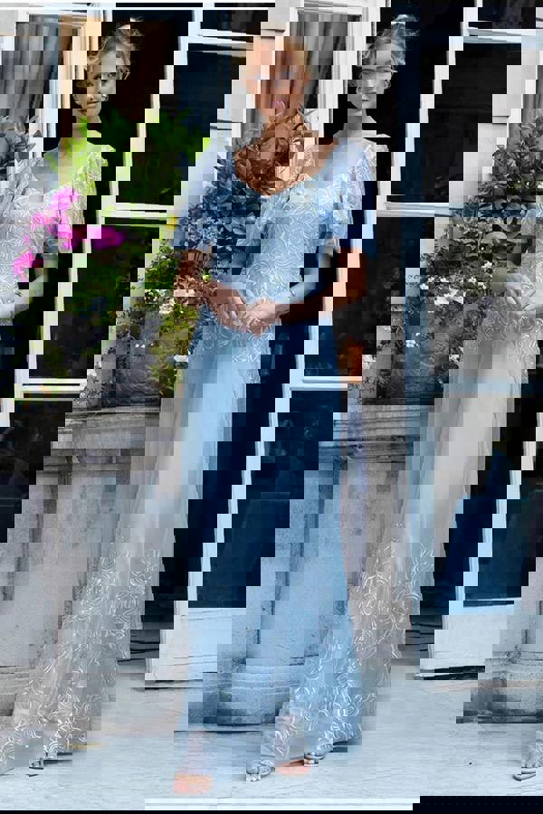 Lace Flutter Sleeve Embroidered Mesh A Line Maxi Dress - Blue DR3942