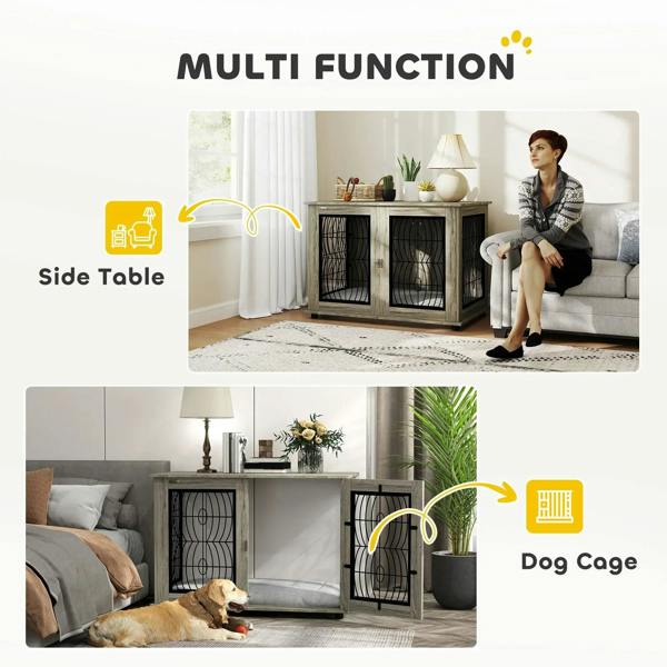 Grey multi-purpose dog crate furniture table with black wire doors and cushioned compartment