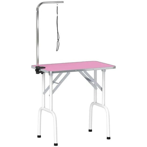 32" Foldable Dog Grooming Table Pet Drying Beauty Table Adjustable Fixed Arm Rubber Top, Pink