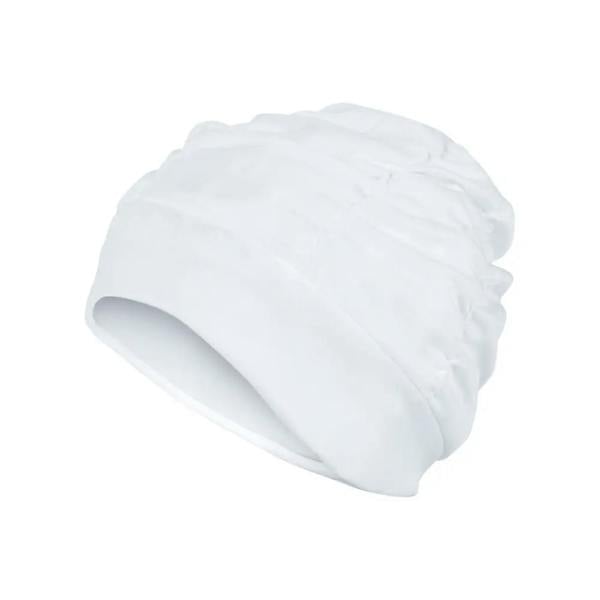 White pleated fabric swim cap with chef hat style and elastic band
