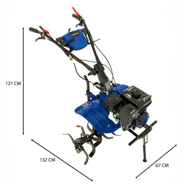 7.5hp petrol rotavator in blue with dual handles, sharp metal tines, and adjustable height for efficient soil tilling and gardening
