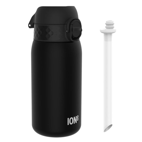 A black ION8 water bottle sits beside its detached, white drinking straw against a white background.