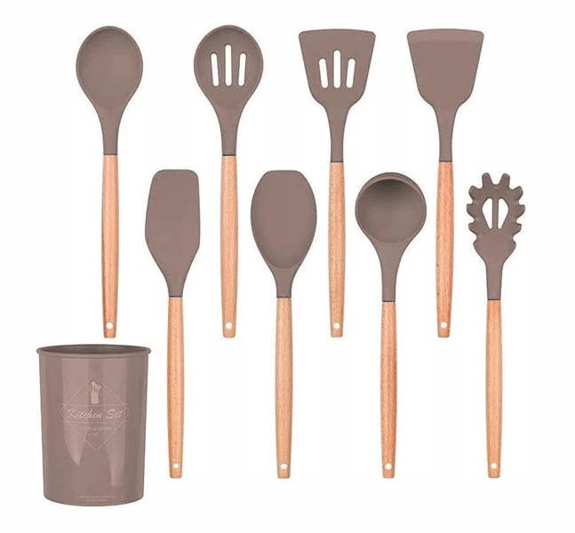 Anygleam Kitchen Utensils 8 Set Natural Beech Wooden Handle Cookware Tool with Storage Heat Resistant Non Stick Accessories