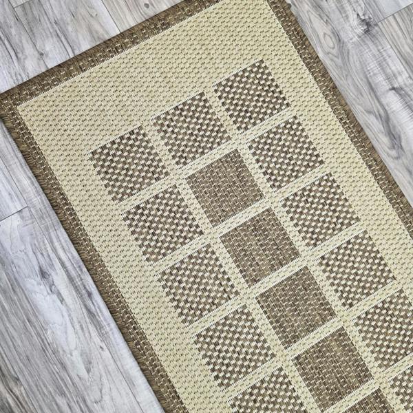 Viva Rugs Non-Slip Beige Brown Rug Geometric Border Design Flat Weave Kitchen Dining Room Living Room Area Mat