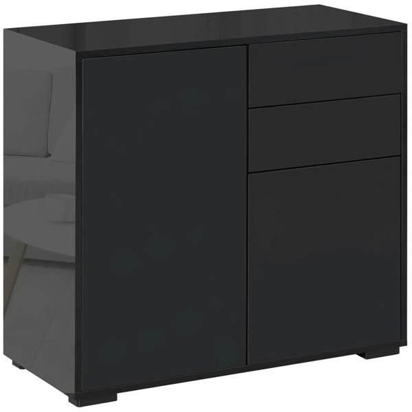 Black high-gloss sideboard cabinet with two doors and stacked drawer fronts