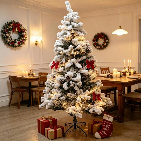 Gr8 Home 7ft White Snow Flocked Green Artificial Christmas Tree 800 Tips Metal Stand Xmas