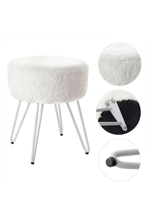 Living and Home Soft Fluffy White Low Chair Dressing Footstool with Metal Leg