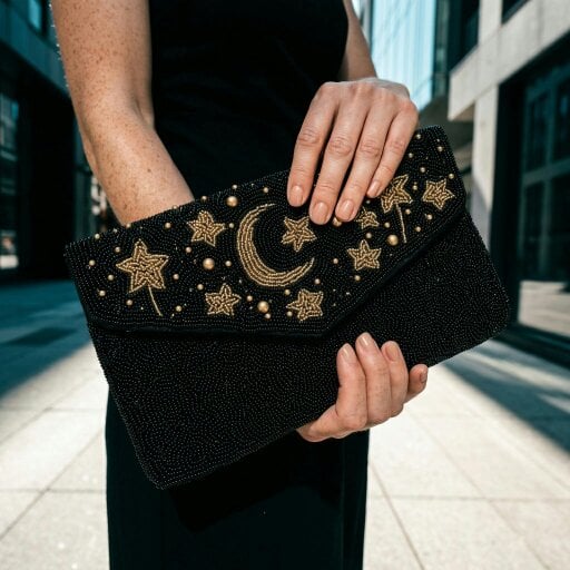 Gold Trip Moon & Stars Beaded Clutch Bag