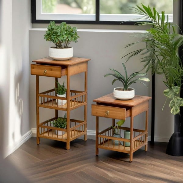 Rafaelo Mobilia 3 Tier Bamboo Tall Side Table With Drawer