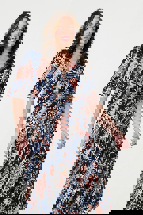 Navy | Tropical Print 1/2 Sleeve Midi Wrap Dress