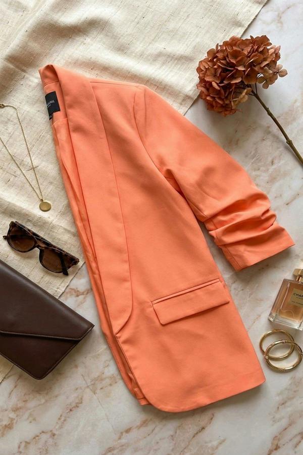 Valerie Ruched Sleeve Open Front Blazer Jacket With Front Pockets - Orange
