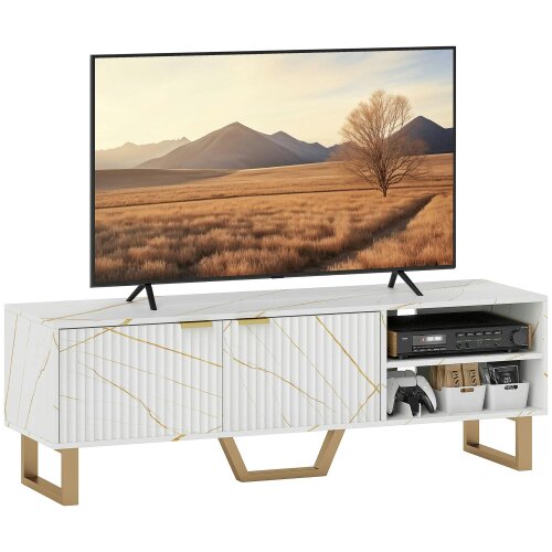 Wyld Haus Veriri 140cm White Marble and Gold Effect TV Unit With Fluted Doors For Screens Up To 70 Inches